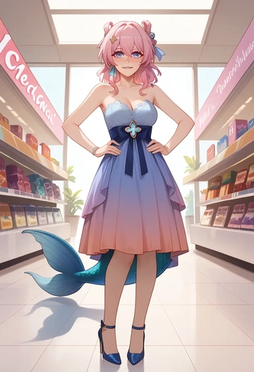 star rail,march 7th,gown,strapless,mermaid silhouette  - AI generated anime art